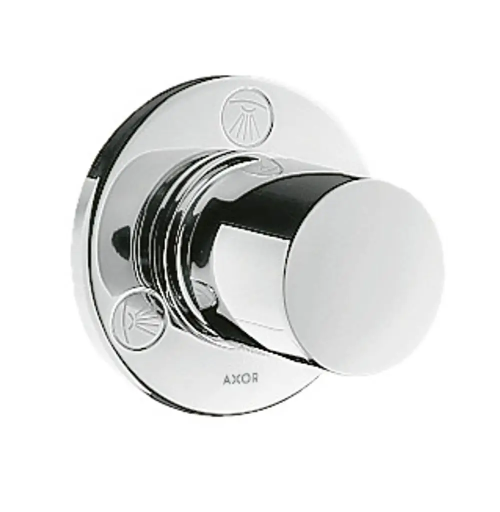Rundes, glänzendes Ventil in Silber mit runder Betätigungsknopf, markiert mit „AXOR“. Die Montage erfolgt unter Putz, geeignet zur Steuerung von Wasserflüssen.